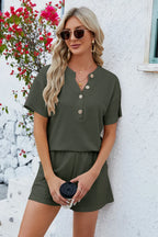 Notched Button Detail Dropped Shoulder Top Shorts Set (27)