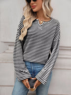Striped Notched Long Sleeve T-shirt (12)