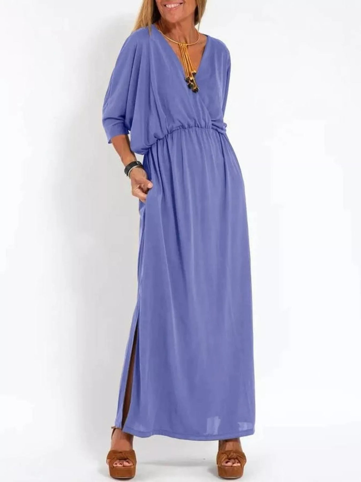 Full Size V-neck Batwing Sleeve Maxi Dress Side Slits Plus (13)