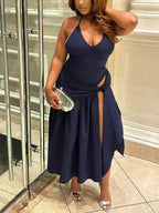 Halter Neck Ruched Bodysuit Maxi Skirt Set (15)