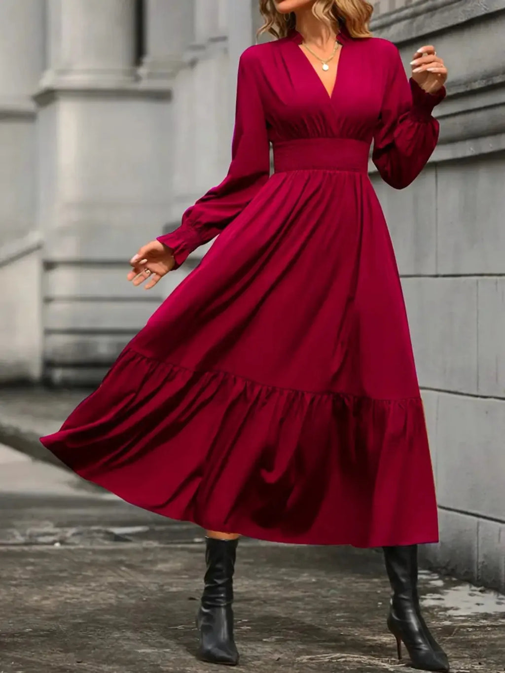 Notched Long Sleeve Tiered Dress (13)