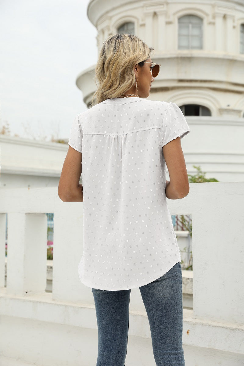Swiss Dot Notched Neck Short Sleeve Top (17)