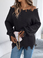 Distressed Hem Openwork Off-shoulder Sweater (10)