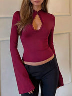 Lace-trimmed Keyhole Long Sleeve T-shirt