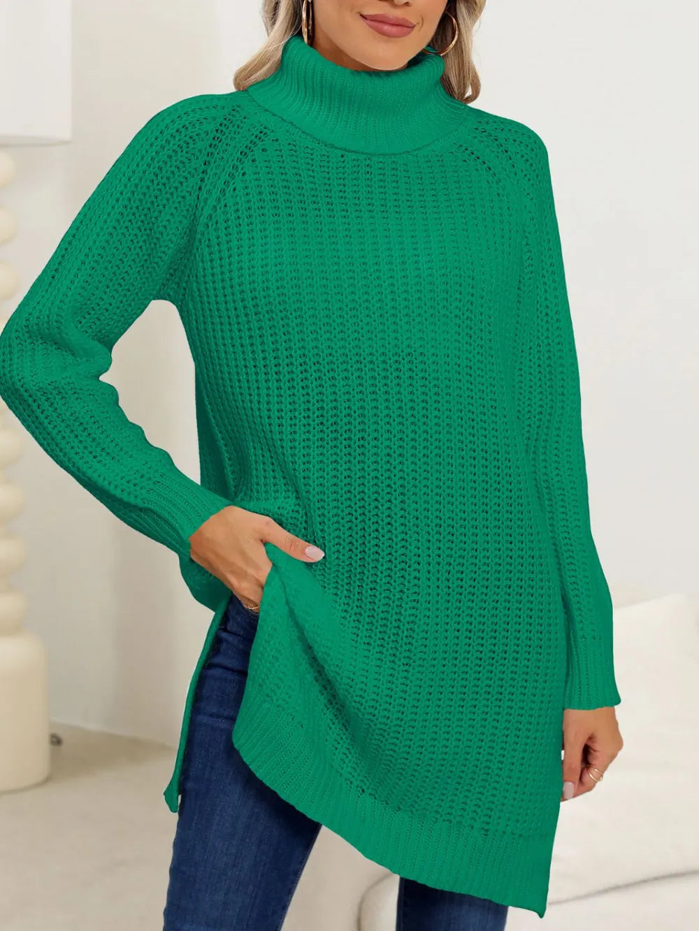 Slit Turtleneck Long Sleeve Sweater (9)