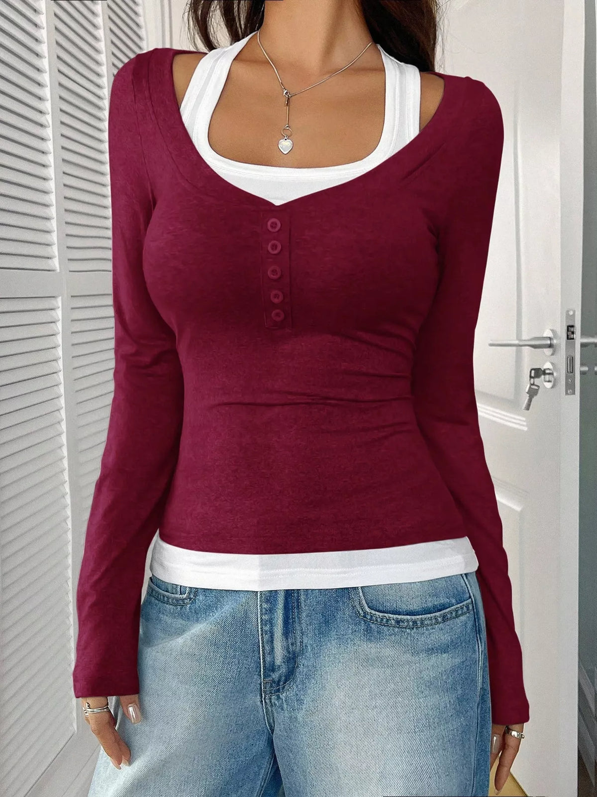 Scoop Neck Long Sleeve Fake Two-piece T-shirt (22)