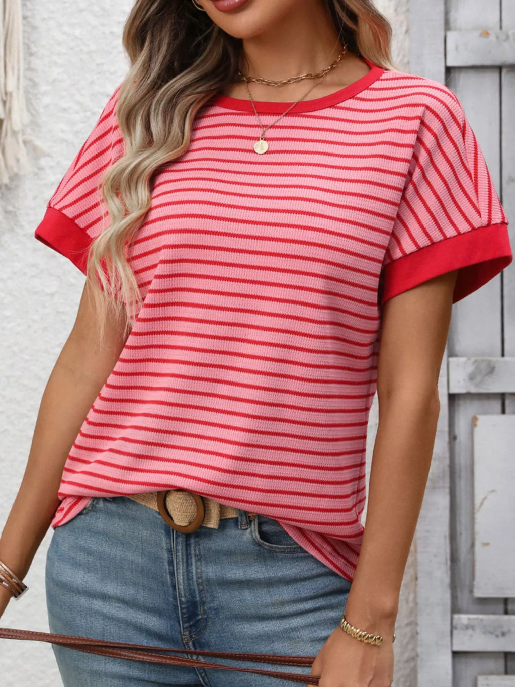 Striped Ribbed Knit Short Sleeve T-shirt (5)