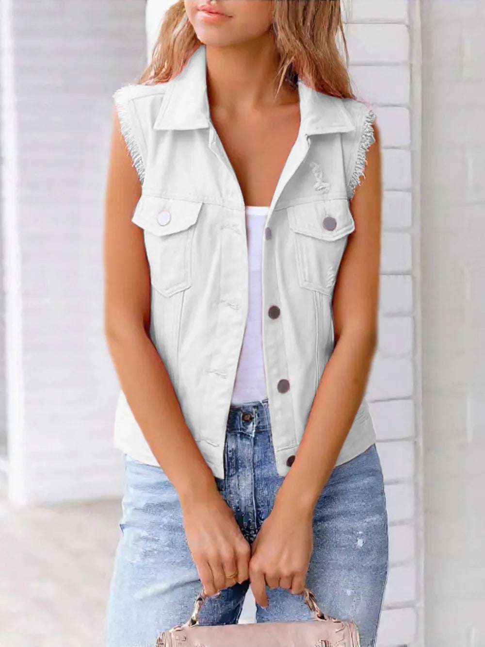 Full Size Button Down Raw Hem Sleeveless Denim Jacket Plus (18)