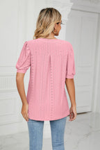 Eyelet Short Puff Sleeve Notched Neck Top (28)