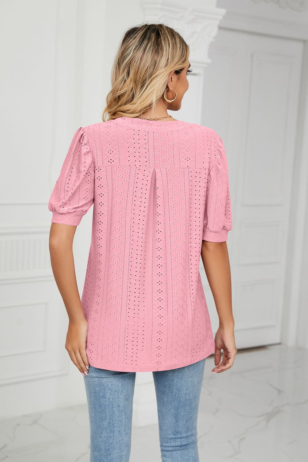 Eyelet Short Puff Sleeve Notched Neck Top (28)