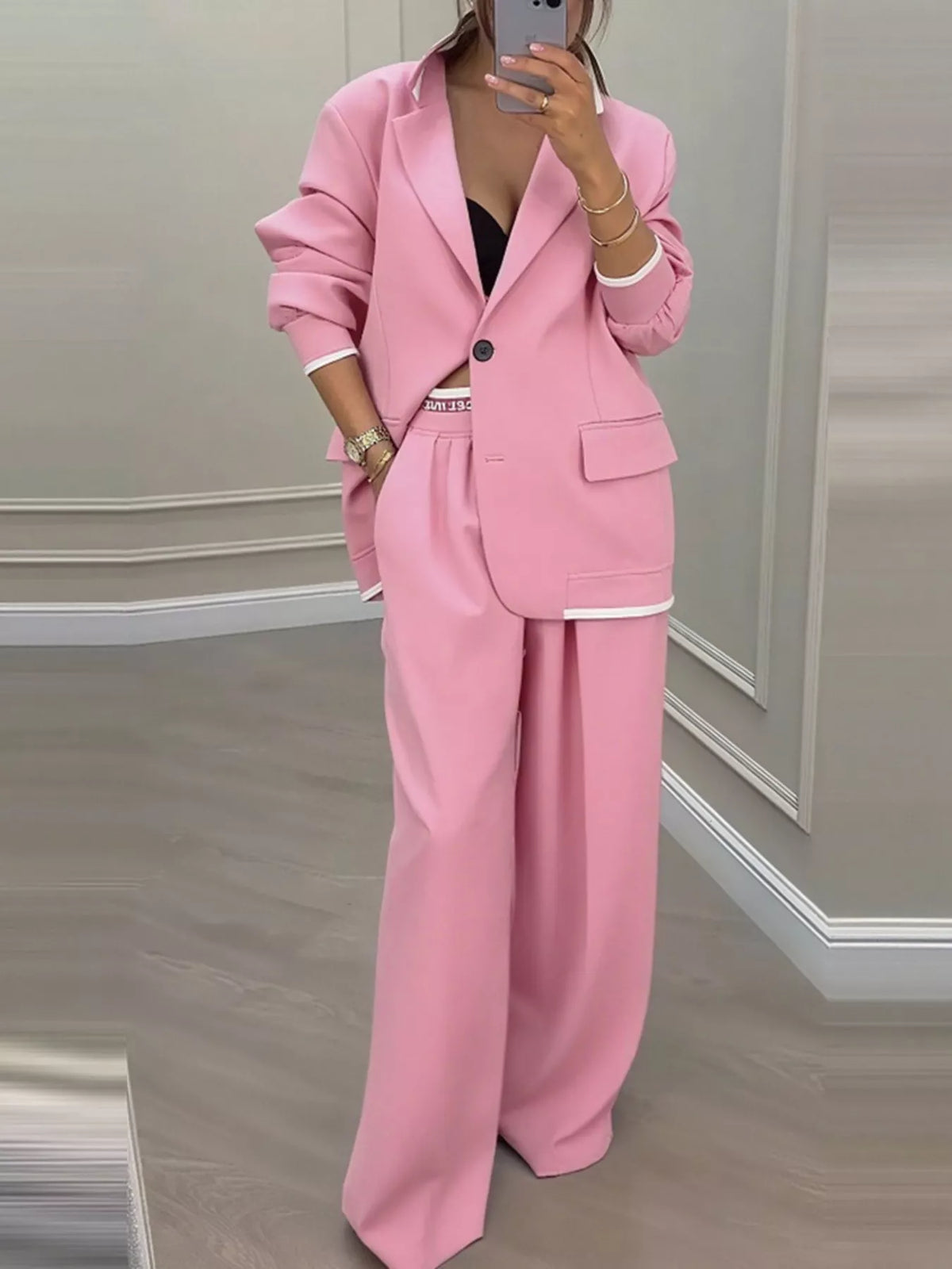 Full Size One Button Blazer Wide-leg Pants Set Plus (7)