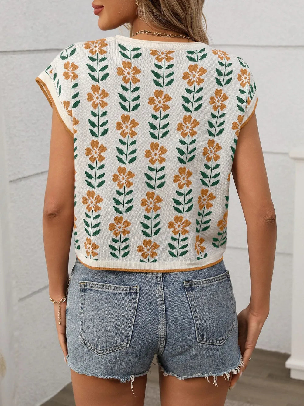 Flower Round Neck Short Sleeve Knit Top (14)