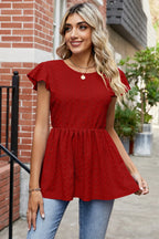 Tied Ruffled Round Neck Peplum T-shirt