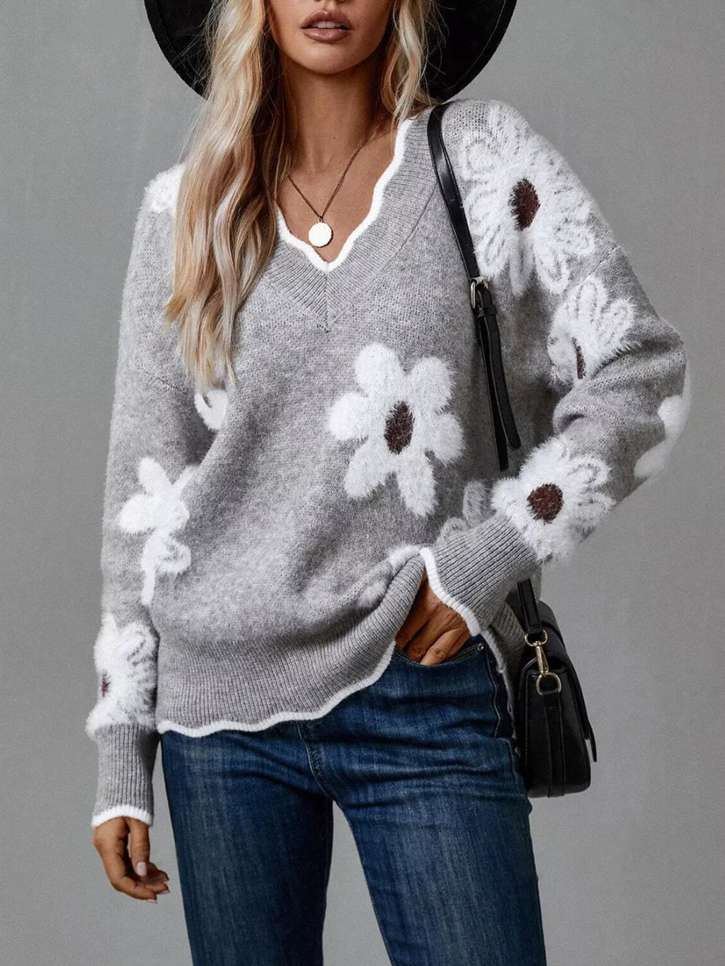 Floral V-neck Long Sleeve Sweater