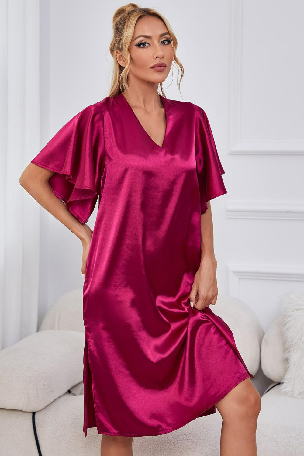 Satin Flutter Sleeve Side Slit V-neck Night Dress (5)