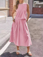 Striped Sleeveless Top Midi Skirt Two-piece Set
