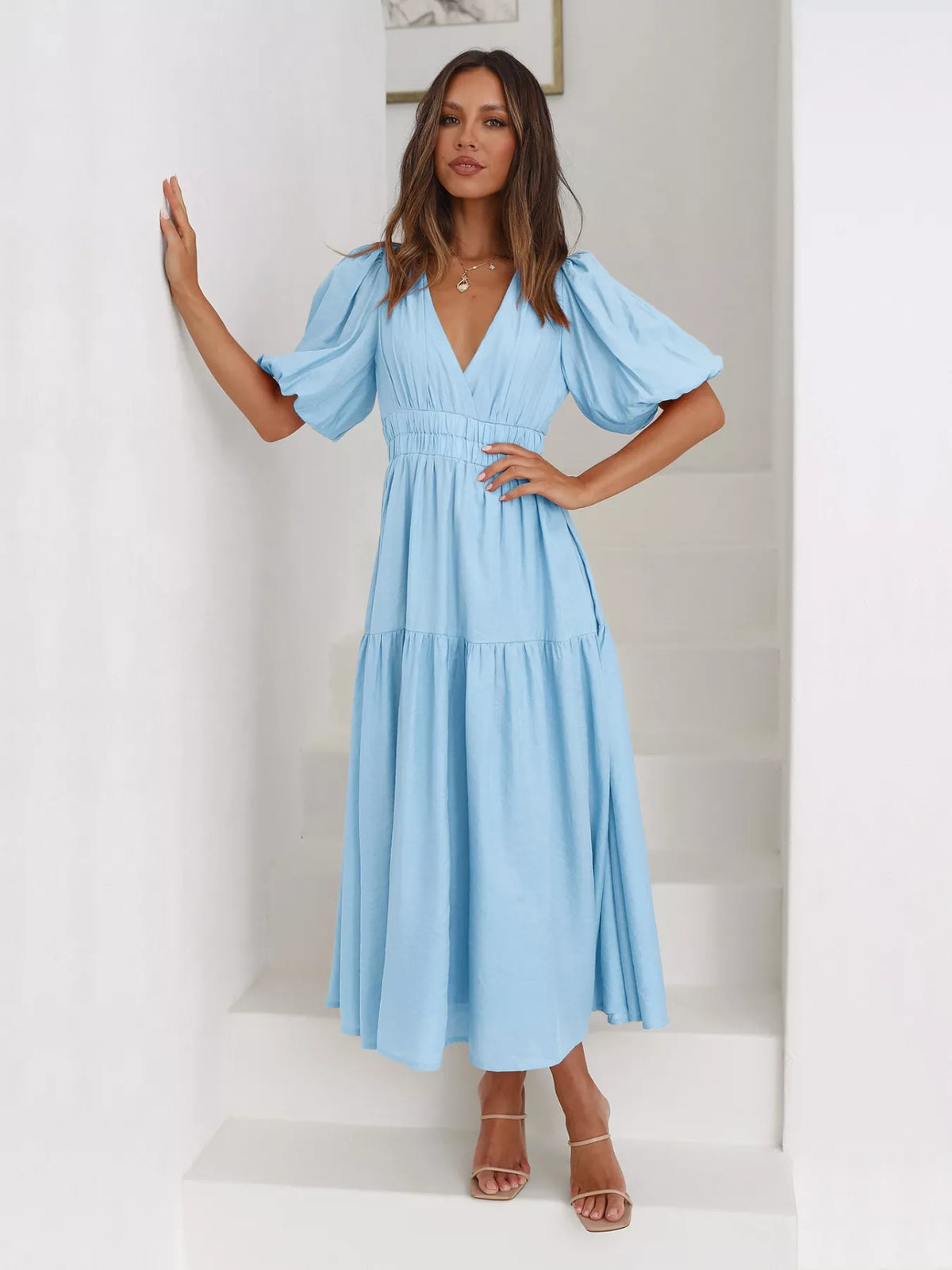 Tiered Puff Sleeve Midi Dress (4)