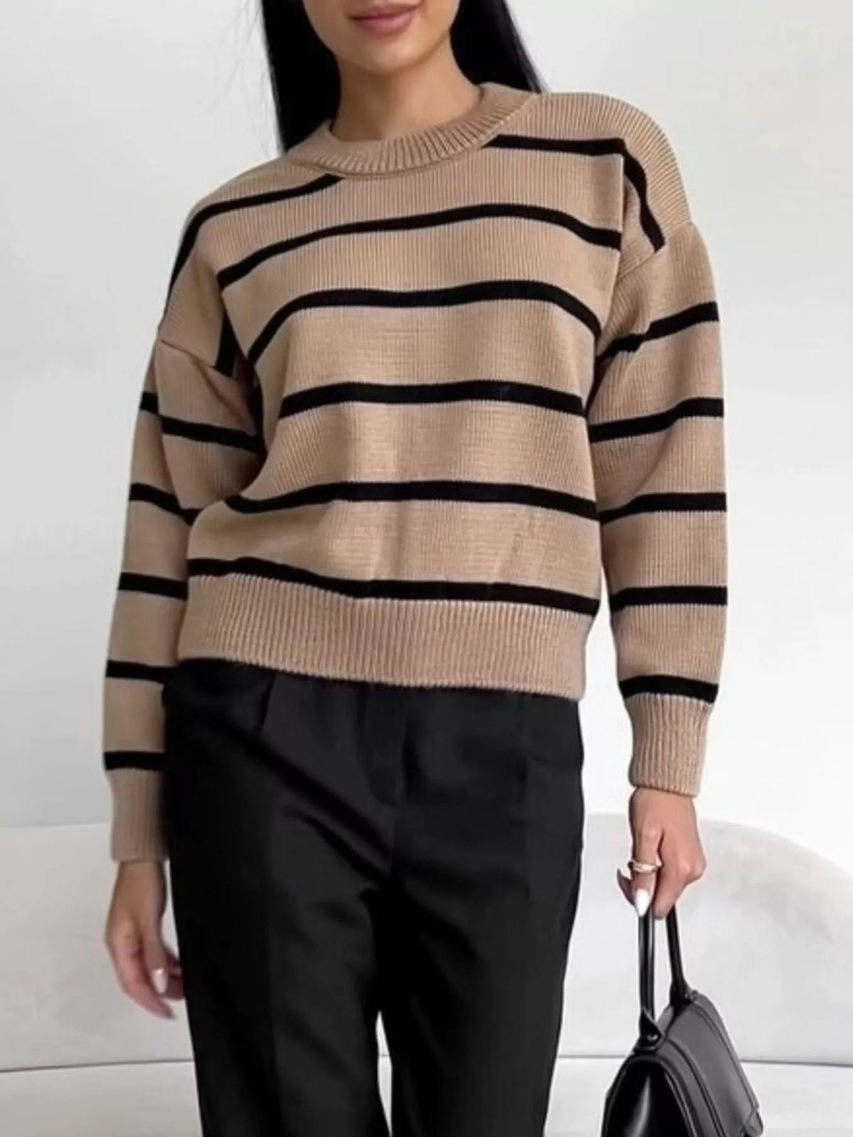 Striped Knit Round Neck Sweater
