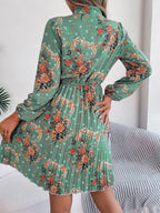 Pleated Printed Tie Neck Long Sleeve Dress (9)