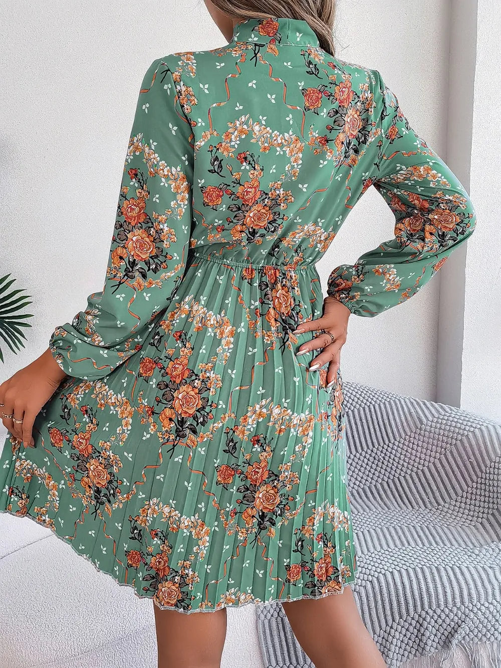 Pleated Printed Tie Neck Long Sleeve Dress (9)