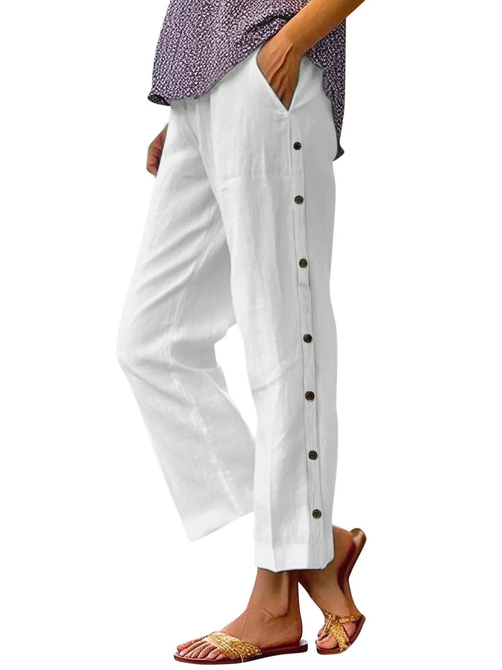 Full Size Side Decor Button Casual Wide Leg Pants Plus (3)
