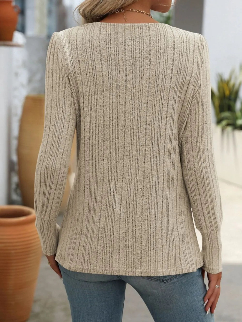 Decorative Button Striped Square Neck Long Sleeve T-shirt (24)