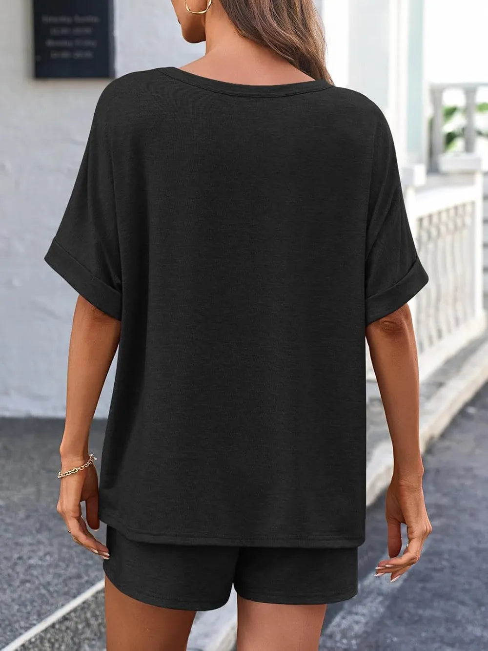 Round Neck T-shirt Drawstring Shorts Set (8)