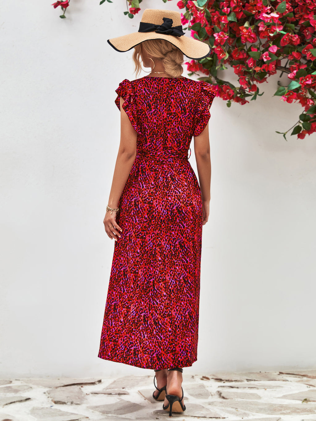 Printed Surplice Neck Flutter Sleeve Slit Dress (15)