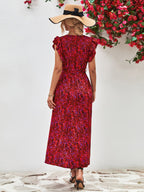 Printed Surplice Neck Flutter Sleeve Slit Dress (15)