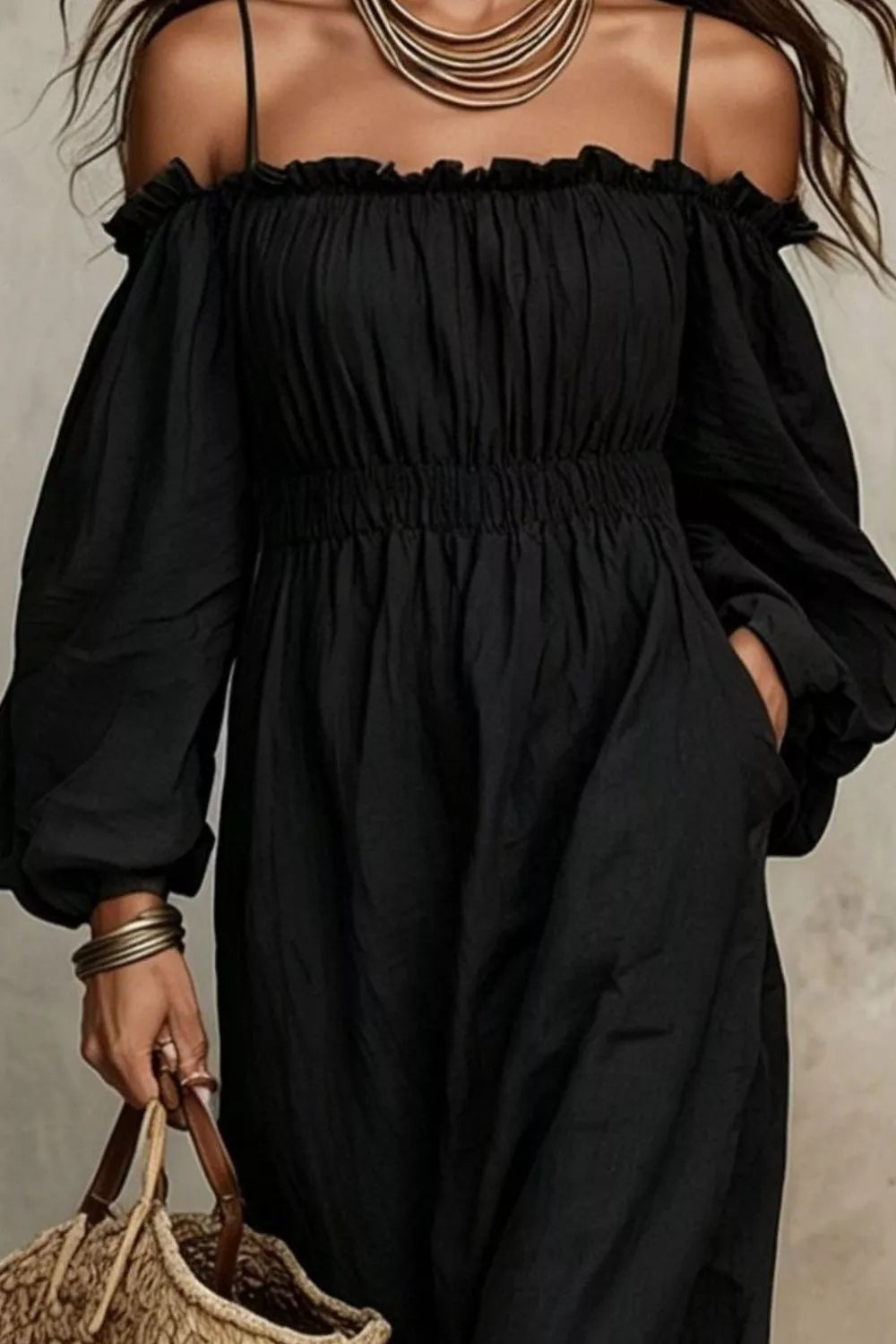 Spaghetti Strap Balloon Sleeve Dress (8)