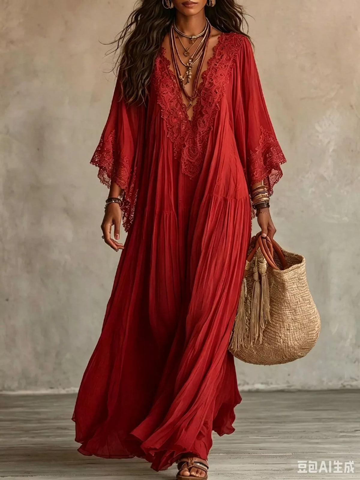 Lace Trim V-neck Maxi Dress (17)