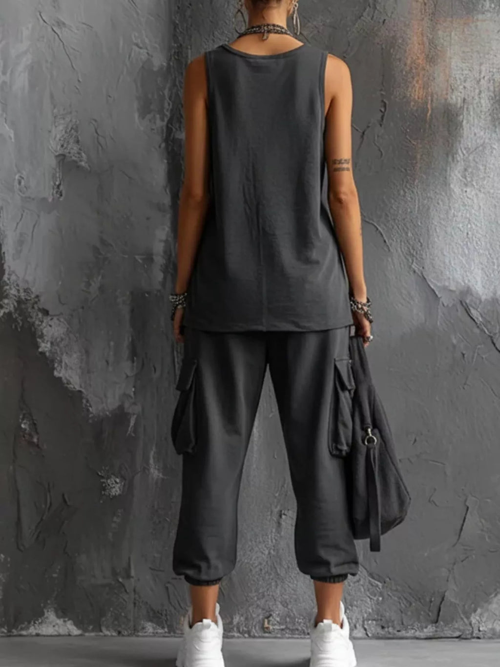 Full Size Casual Tank Cargo Pants Set Plus (2)