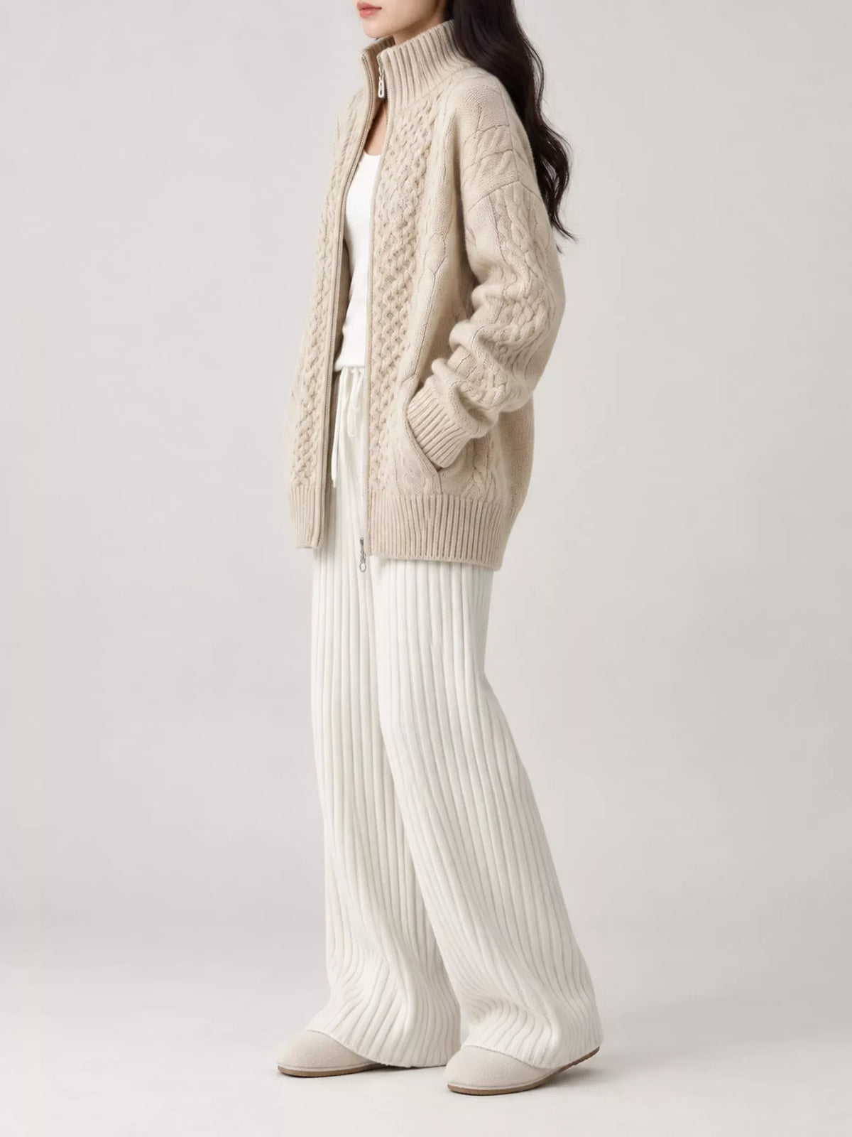 Full Size Cable-knit Zip-up Cardigan Plus (4)