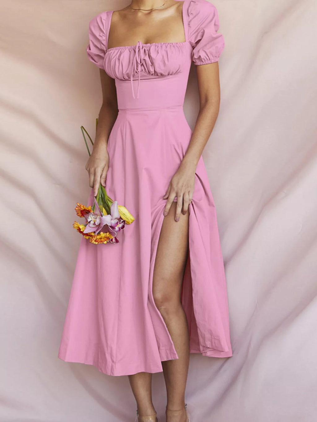 Puff Sleeve Tie Front Slit Midi Dress (6)