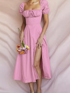 Puff Sleeve Tie Front Slit Midi Dress (6)