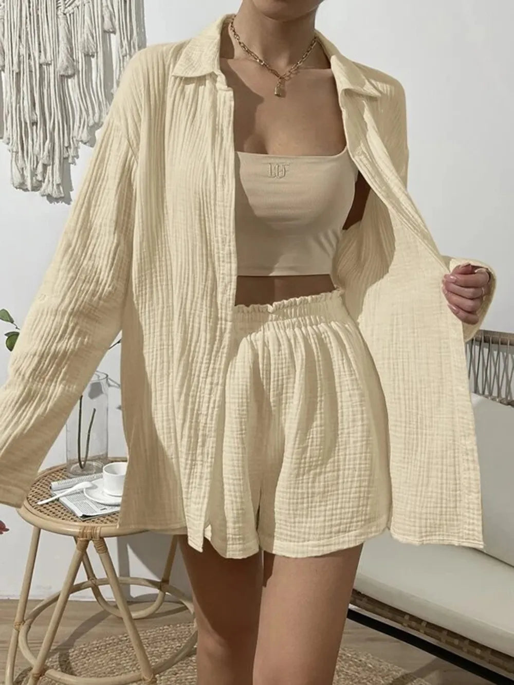 Dropped Shoulder Button Up Top Elastic Waist Shorts Set (14)