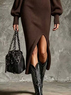 Ribbed Knit Quarter-zip Lantern Sleeve Sweater Dress (12)