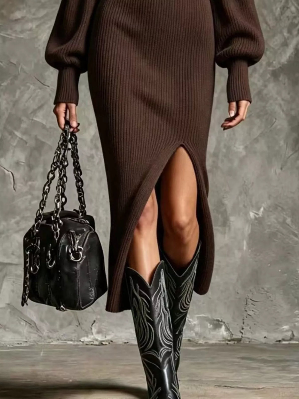 Ribbed Knit Quarter-zip Lantern Sleeve Sweater Dress (12)
