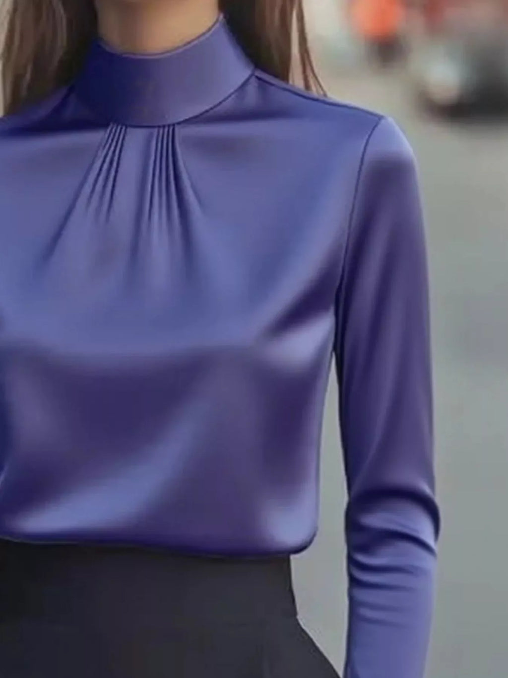 Mock Neck Long Sleeve Blouse Pleated Detail (9)