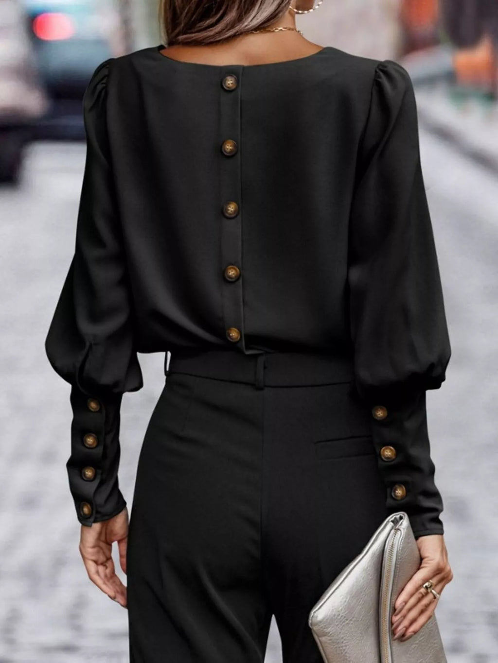 Back Button Lantern Sleeve Blouse (5)