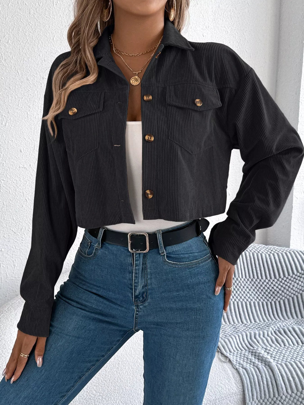 Corduroy Button-up Dropped Shoulder Jacket (5)