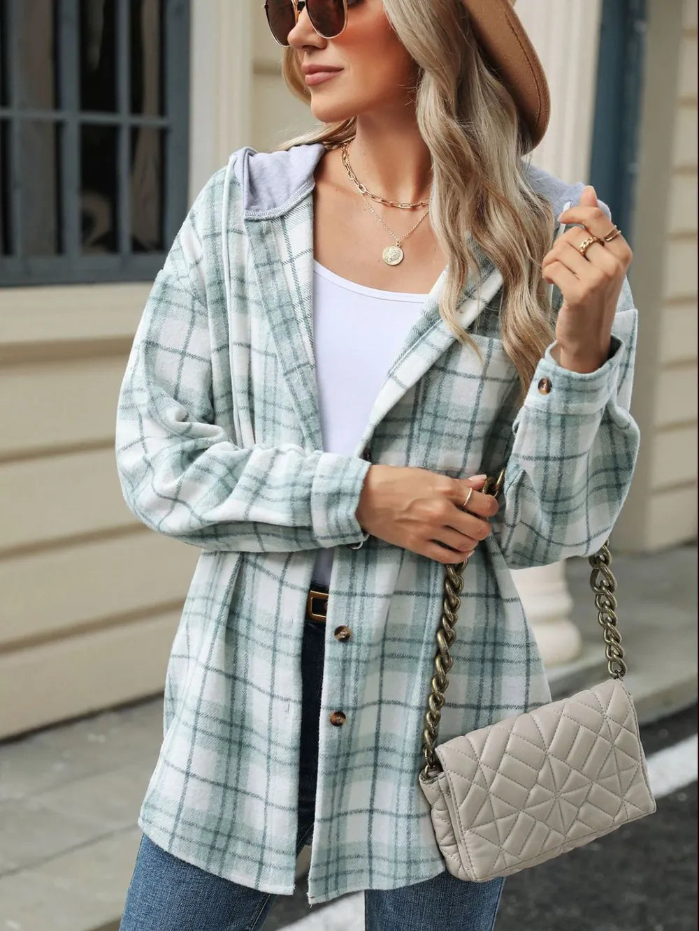 Drawstring Plaid Button Up Hooded Jacket (4)