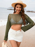 Openwork Boat Neck Long Sleeve Cover-up