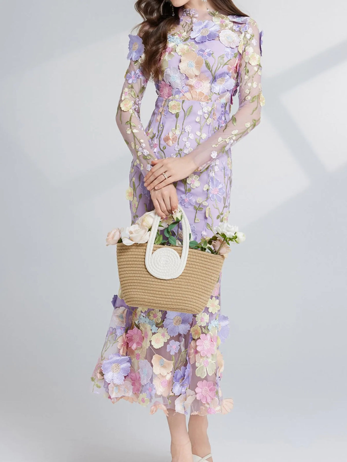 Floral Embroidered Mesh Long Sleeve Midi Dress (9)
