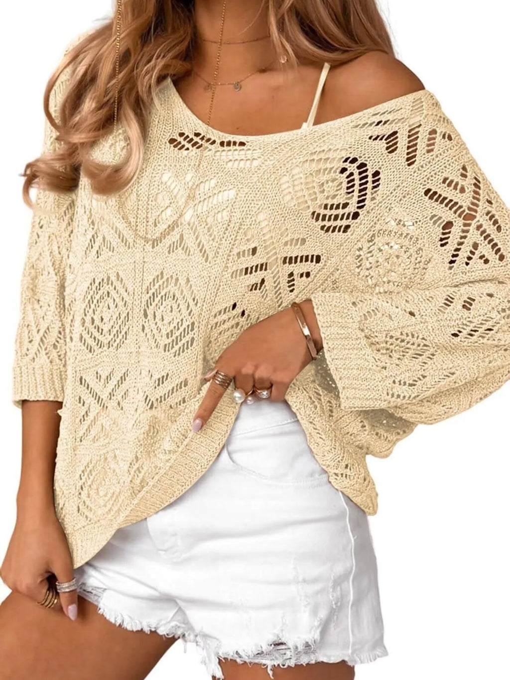 Openwork 3/4 Sleeve Knit Cover Up (2)