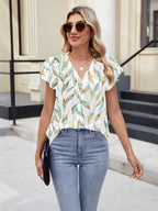 Floral Print V-neck Cap Sleeve Casual Summer Blouse (8)