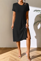 Ribbed Asymmetrical Neck Short Sleeve Dress (8)