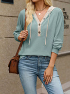 Waffle Knit Henley Hoodie Contrast Trim (22)