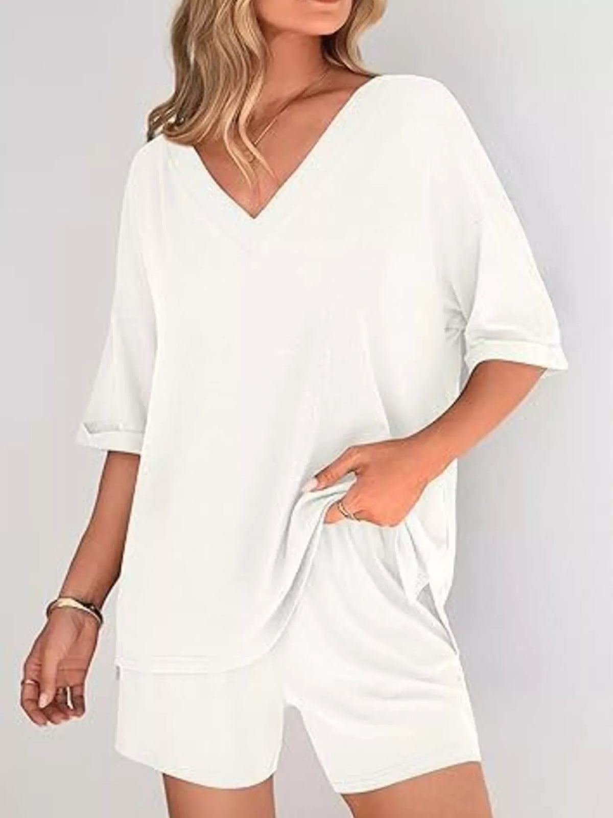Solid Color V-neck Shorts Set (5)