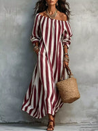 Off-shoulder Striped Dress Pockets
